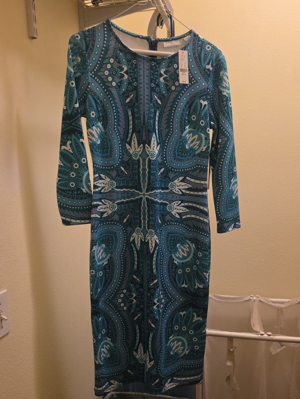 New York & Company Teal Paisley Long-Sleeve Midi Dress